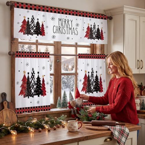 Irenare Buffalo Plaid Christmas Kitchen Curtains Set - 3 Pieces, Festive Holiday Decor