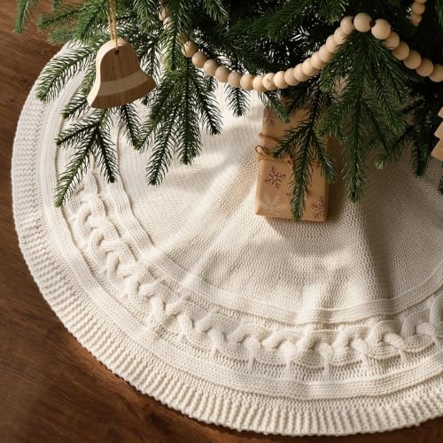 MelonBoat 36 Inch Knitted Christmas Tree Skirt - Cozy Neutral Holiday Decor