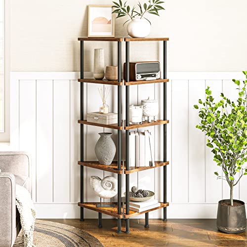 5-Tier Industrial Corner Bookshelf, Rustic Brown Metal Storage Display Stand