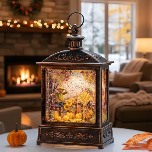 Fall Snow Globe Lantern - Lighted Water Lantern with Swirling Glitter & Timer