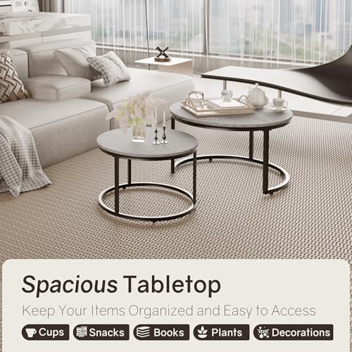 2-Piece Round Nesting Coffee Table Set, Wood Grain Accent Tables