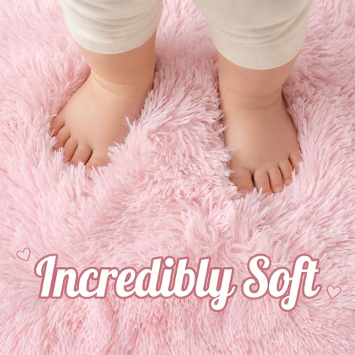 Soft Fluffy Round Area Rug (4ft) - Light Pink Non-Slip Plush Carpet