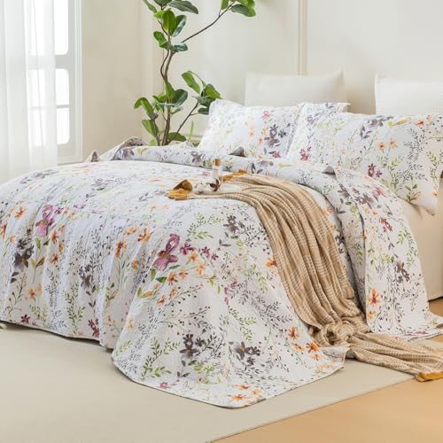 QSH 100% Cotton Oversized King Floral Quilt Bedspread Set, 3-Piece