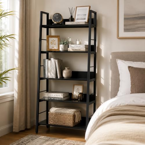 5-Tier Rustic Industrial Ladder Bookshelf, Wooden Storage Display Shelf