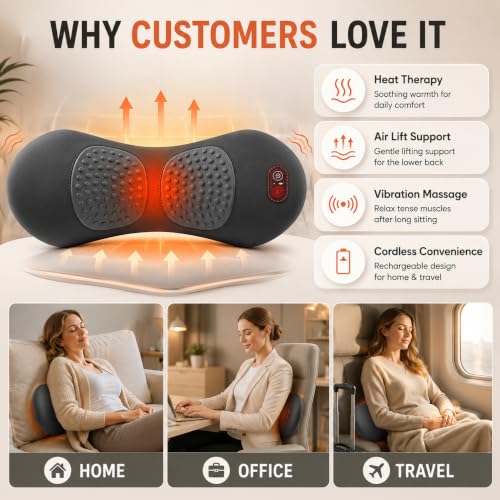 Cordless Lower Back Massager with Heat & Vibration for Sciatica Relief