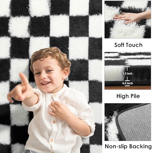 Checkered Area Rug 4x6, Soft Fluffy Shag Carpet for Bedroom and Living Room