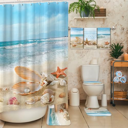 8-Piece Coastal Beach Bathroom Set with Shower Curtain, Mats, and Towels