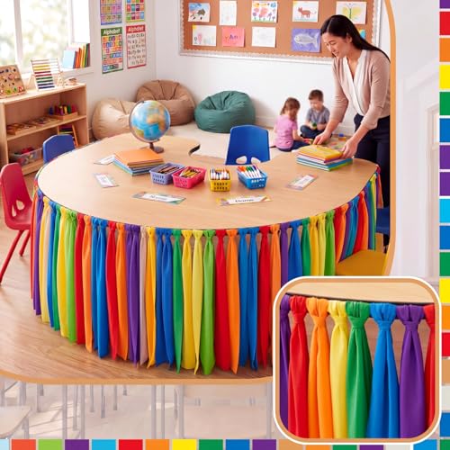 Rainbow Fringe Table Skirt 14ft x 30in for Classroom Desks and Party Decor
