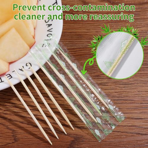 Amrankuo 2000CT Bamboo Toothpicks - Individually Wrapped, 2.5 Inch, Sanitary Cocktail & Appetizer Picks