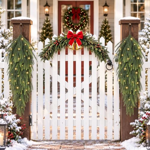 Waipfaru 2 Pcs Artificial Norfolk Pine Christmas Teardrop Swag with Lights - Green / 30 Inch Length