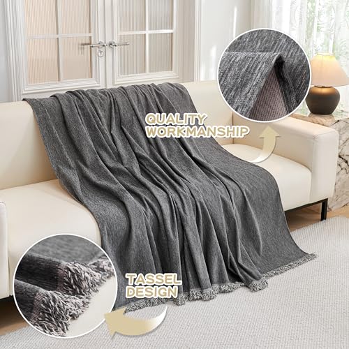 Non-Slip Chenille Couch Cover for Pets - Washable Sofa Throw, 71" x 118", Dark Grey