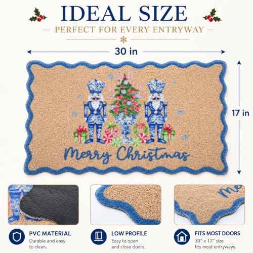 Breling Nutcracker Christmas Doormat Blue Scalloped Holiday Entry Rug