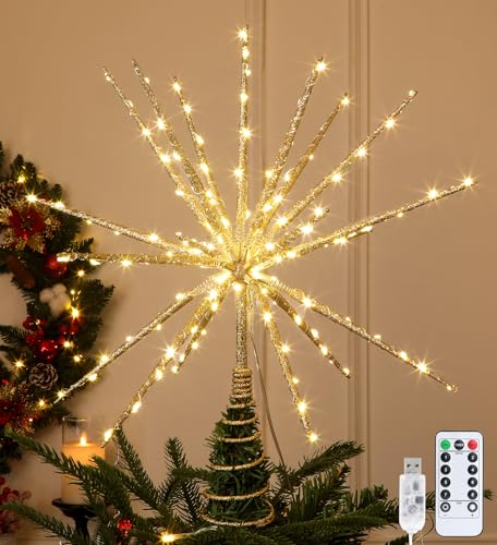 15-Inch Gold Starburst Christmas Tree Topper with 150 LEDs & Remote