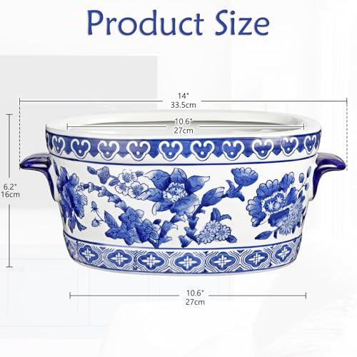 Blue and White Ceramic Planter Pot - Vintage Floral Oval Cachepot
