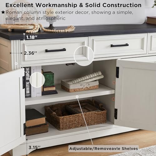 66-Inch Farmhouse Buffet Sideboard with Storage, Drawers & Adjustable Shelves