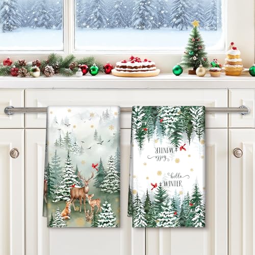 Winter Woodland Deer Tea Towels Set of 4 - 100% Cotton Kitchen Hand Towels, Arquiel
