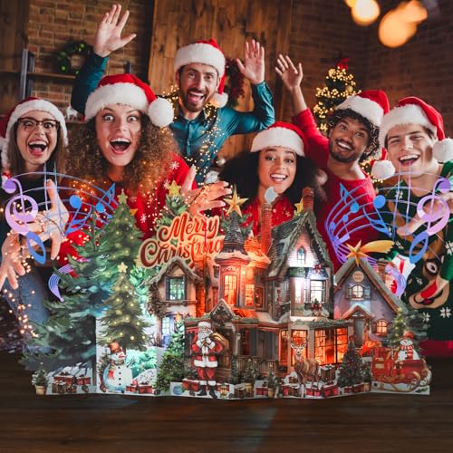 TIKLANA Pop Up Christmas House Card with Lights & Music - 3D Holiday Greeting Card