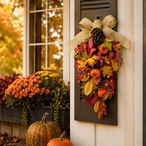 25-Inch Fall Teardrop Swag with Pumpkins, Pinecones and Burlap Bow