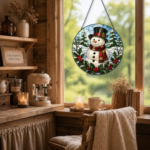 FZSZSD Snowman 9 Winter Glass Suncatcher - 7.8 x 7.8 inch Rustic Holiday Window Decor