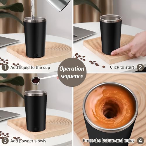Hatisan Black Self Stirring Coffee Mug 400ml, Rechargeable Stainless Steel