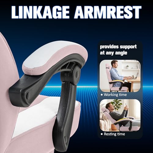 Ergonomic Gaming Chair with Massage Lumbar Support, Fabric Pink & Footrest