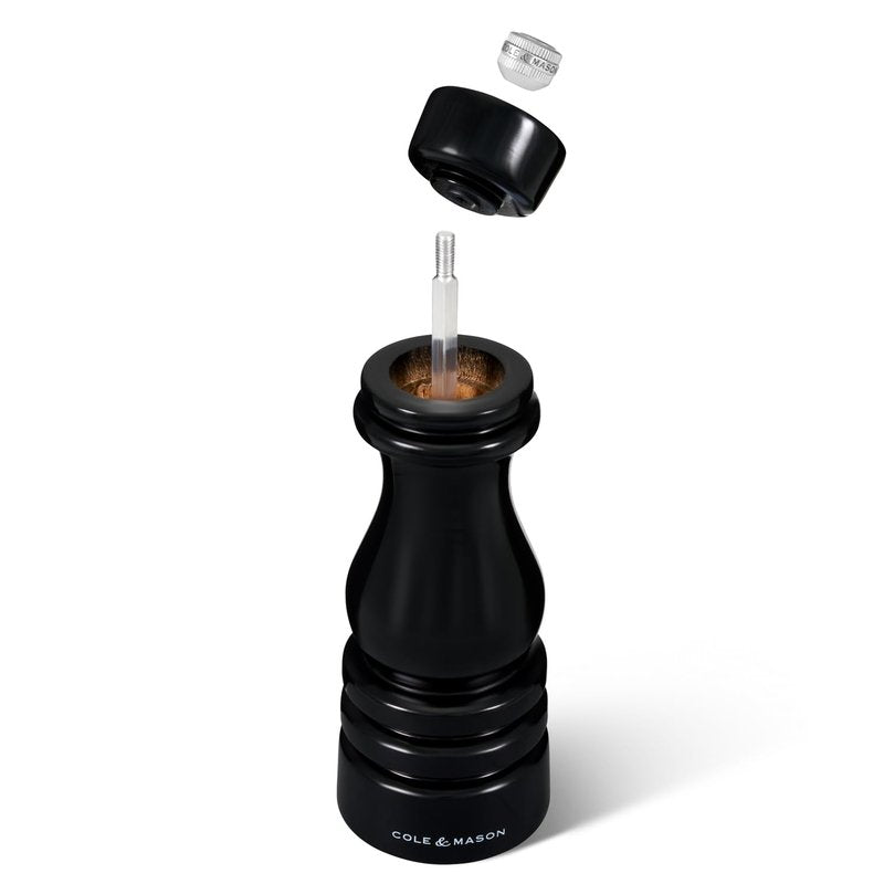 Cole & Mason H233098 London Black Gloss Salt and Pepper Mill Set, Precision+ Carbon/Ceramic Mechanisms, Salt and Pepper Grinders with Adjustable Grind, Beech Wood, 180mm, Gift Set