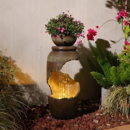 Modern Spiral Tiered Outdoor Water Fountain with LED Light & Planter