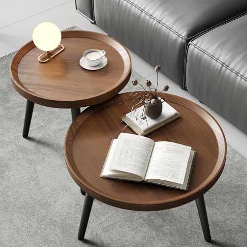 2-Piece Mid-Century Modern Nesting Coffee Table Set, Walnut Wood Finish