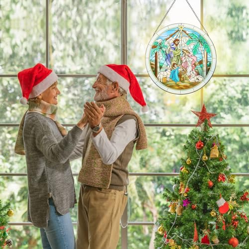Stained Glass Nativity Scene Window Hanging Decor | Hand-Painted Artwork