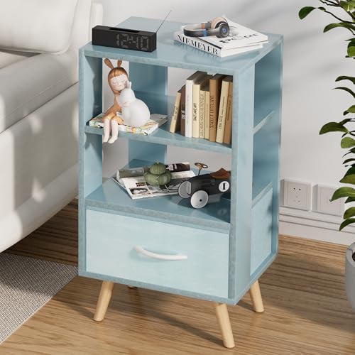 3-Tier Blue Nightstand with Drawer and Open Storage for Small Spaces