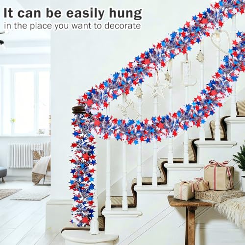 Patriotic Red White Blue Star Tinsel Garland - 33ft Metallic Party Decor
