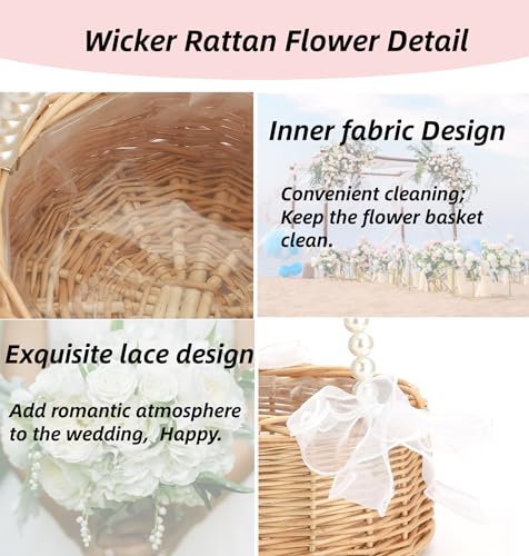2PCS Wicker Flower Girl Basket and Wrist Corsage Set with Pearl Handle