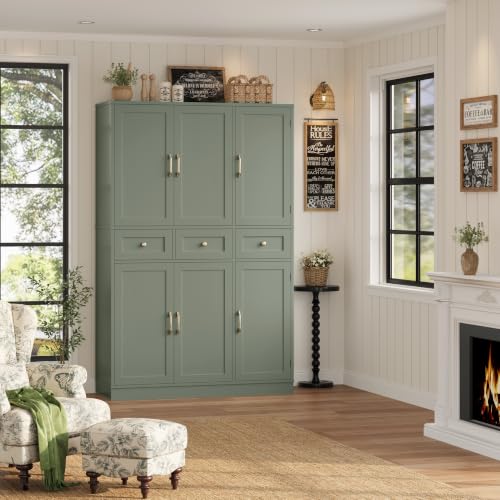 72-Inch Tall Kitchen Pantry Cabinet with Swing-Out Doors and Drawers, Green
