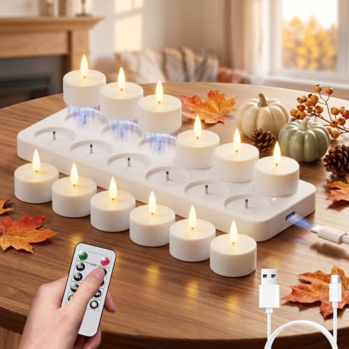 Lasumora Rechargeable White Tea Light Candles with Remote & Charging Base 12-Pack