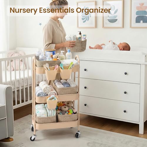 Rolling Utility Cart with 4 Woven Baskets & Lockable Wheels, Brown