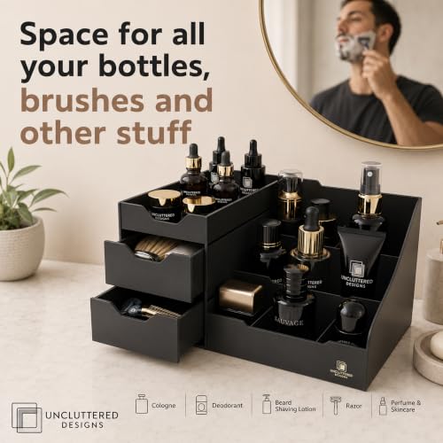 Uncluttered Designs Black Mens Cologne Organizer with Drawers | Dresser Countertop Storage