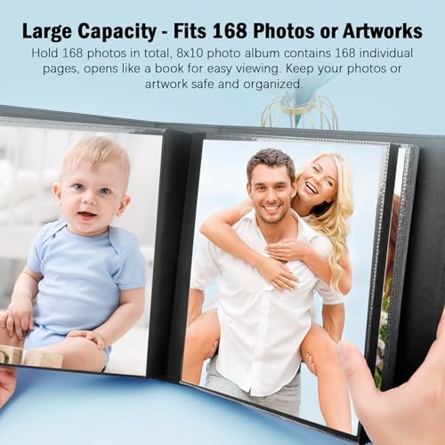8x10 Photo Album, 168-Capacity Leather Memory Book with Clear Pockets