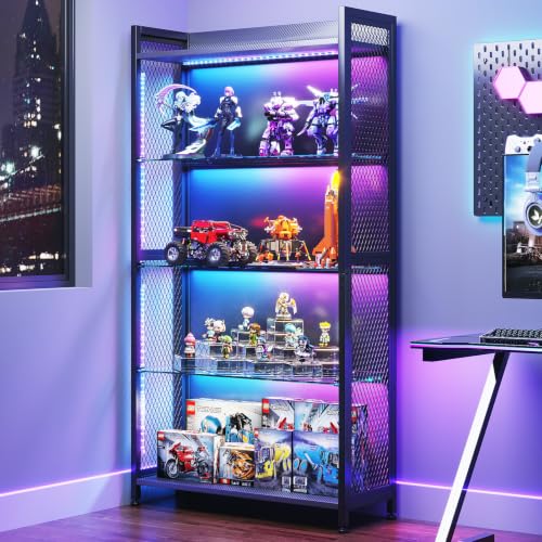 4-Tier Industrial Display Cabinet with Tempered Glass Shelves and RGB Lighting