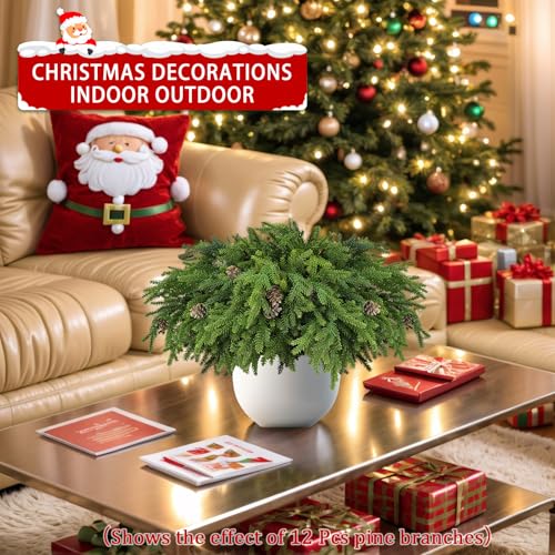RHTRJ 6 Pcs Christmas Greenery Stems with Pinecones, Realistic Artificial Pine Branches for Wreaths, Garlands & Vase Decor