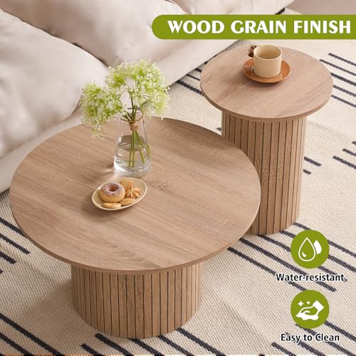 Round Nesting Coffee Table Set of 2, Modern Fluted Wooden Accent Tables
