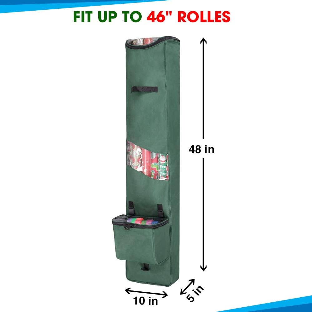 Primode Heavy Duty Christmas Gift Wrap Storage Bag - Long Wrapping Paper Organizer with Detachable Tote | 48" x 10" x 5" (Green)