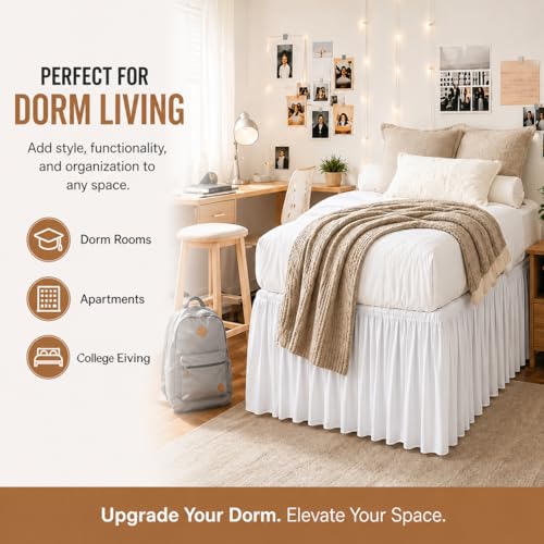 Twin XL Ruffled Dorm Bed Skirt - 32 Inch Extra Long Drop Dust Ruffle