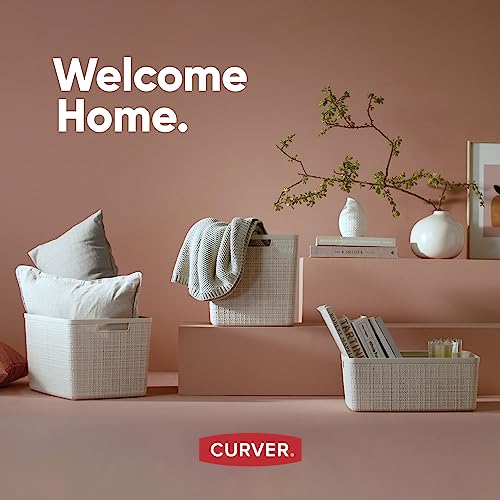 Curver Set of 6 Medium 12L Jute Decorative Plastic Organization and Storage Baskets - Perfect Bins for Home Office, Closet Shelves, Kitchen Pantry and All Bedroom Essentials, White