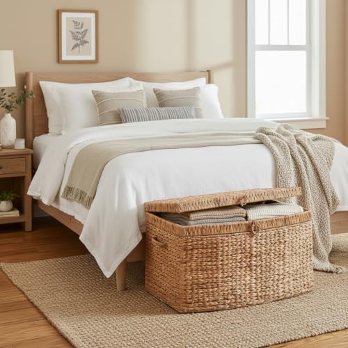 SOL HOME Water Hyacinth Woven Wicker Storage Trunk with Handles - Natural Brown, 26x19x14 in