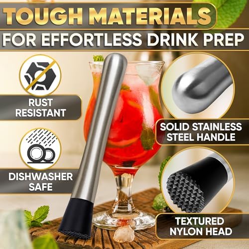 8-Inch Stainless Steel Cocktail Muddler with Grooved Nylon Head - Bar Tool