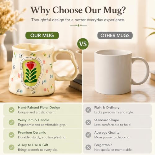 VABILNIY Hand Painted Floral Ceramic Mug 13.5 oz Creamy Yellow with Unique Curved Handle