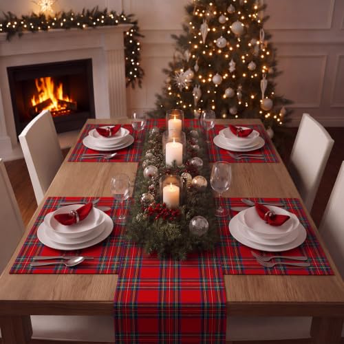 Dunzy Red Christmas Tartan Plaid Placemats Set of 8 – Holiday Table Decor