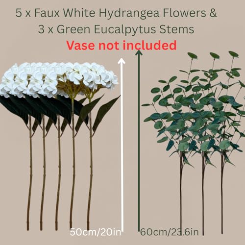 Real Touch White Hydrangea & Eucalyptus Faux Floral Centerpiece (5 Heads)