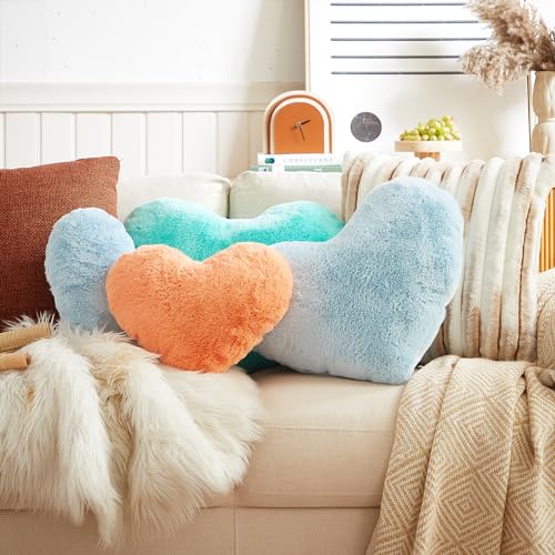 Heart Shaped Throw Pillow, Ultra Soft Faux Rabbit Fur Cushion, 10x13 Inch