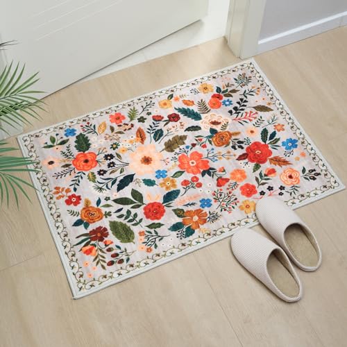 Boho Floral Washable Area Rug, 2x3 Non-Slip Low Pile Entryway Throw Mat